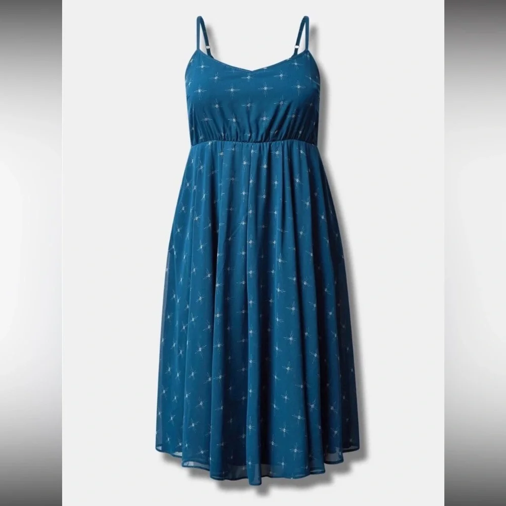 Torrid Midi Chiffon Pleated Dress Pockets Teal Starburst Flowy Elegant 4 4X 26 - Picture 5 of 16